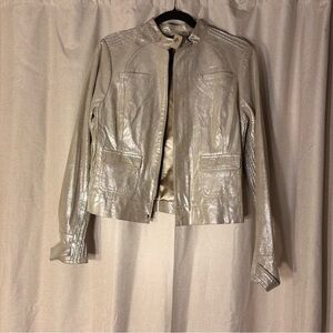 Bebe Silver Leather Jacket with Cropped Collarless Design